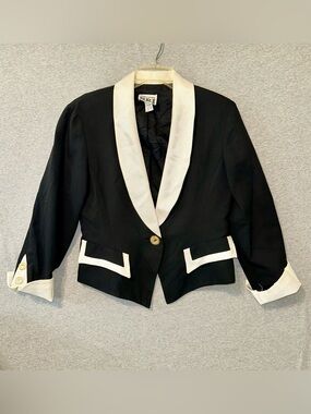 Rare Vintage 80s Sandra Ow-Wing Tuxedo Blazer Black White Rhinestone Jacket 12